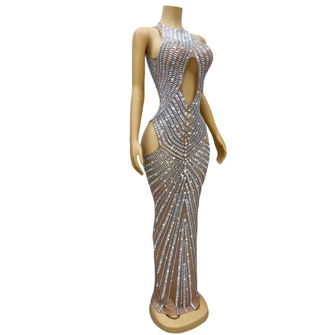 CELESINYI Changliantiao Crystal Silver Chain Bodysuit
