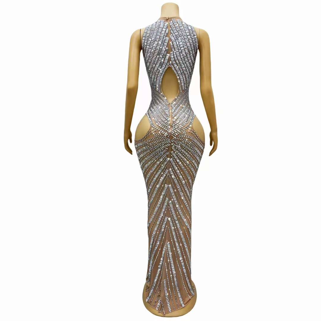 CELESINYI Changliantiao Crystal Silver Chain Bodysuit