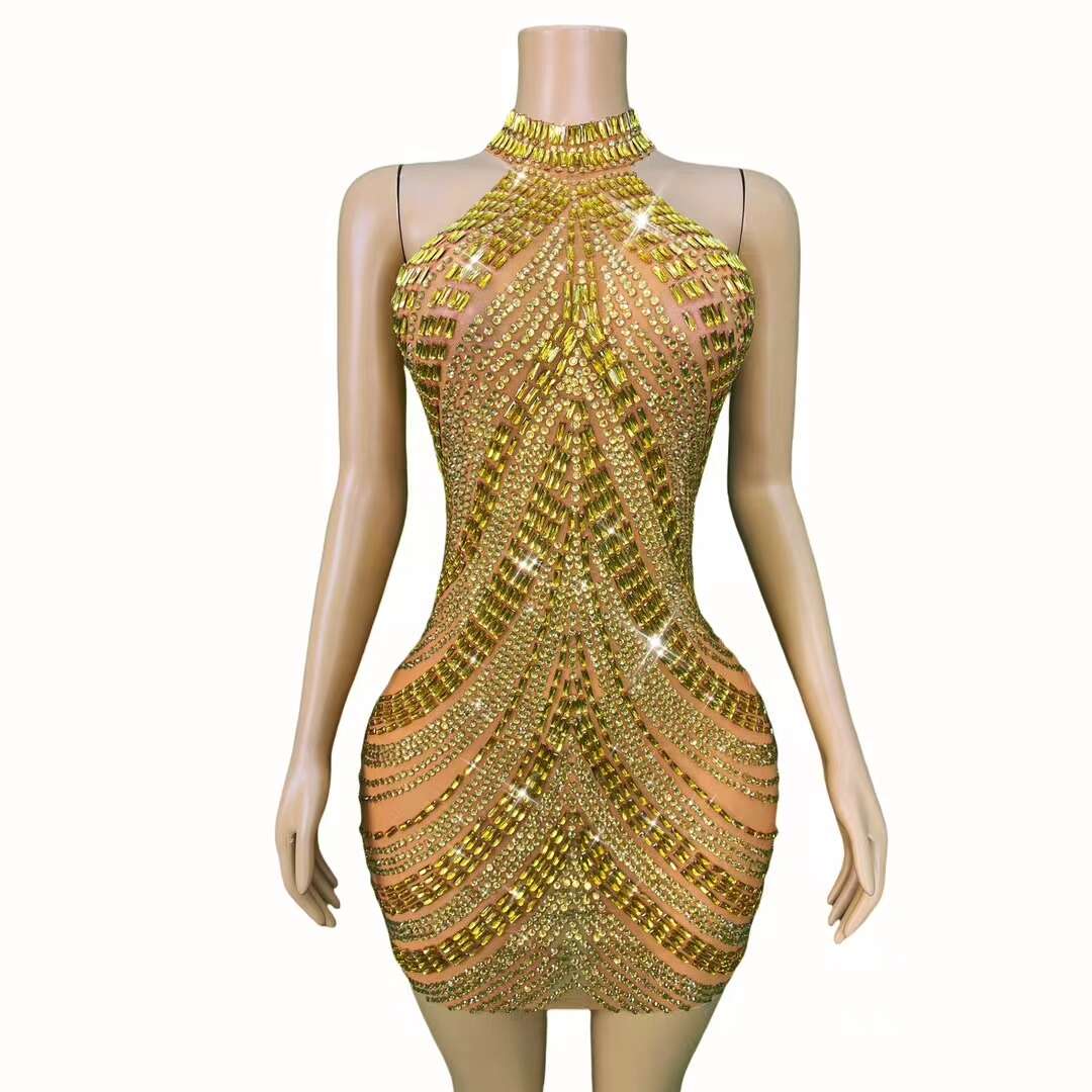 CELESINYI Sixian Crystal Orange Silk Mini Dress