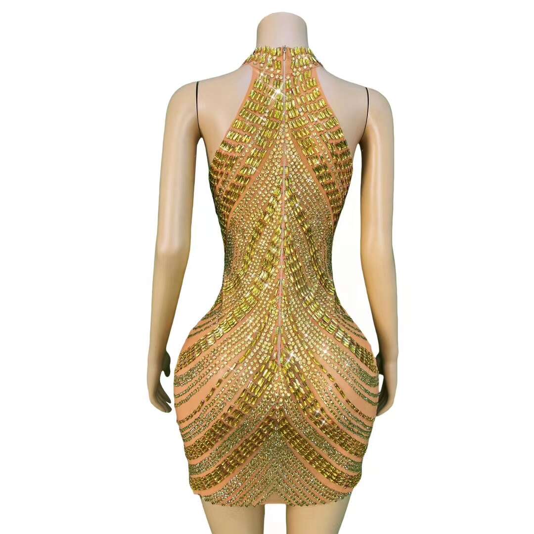 CELESINYI Sixian Crystal Orange Silk Mini Dress