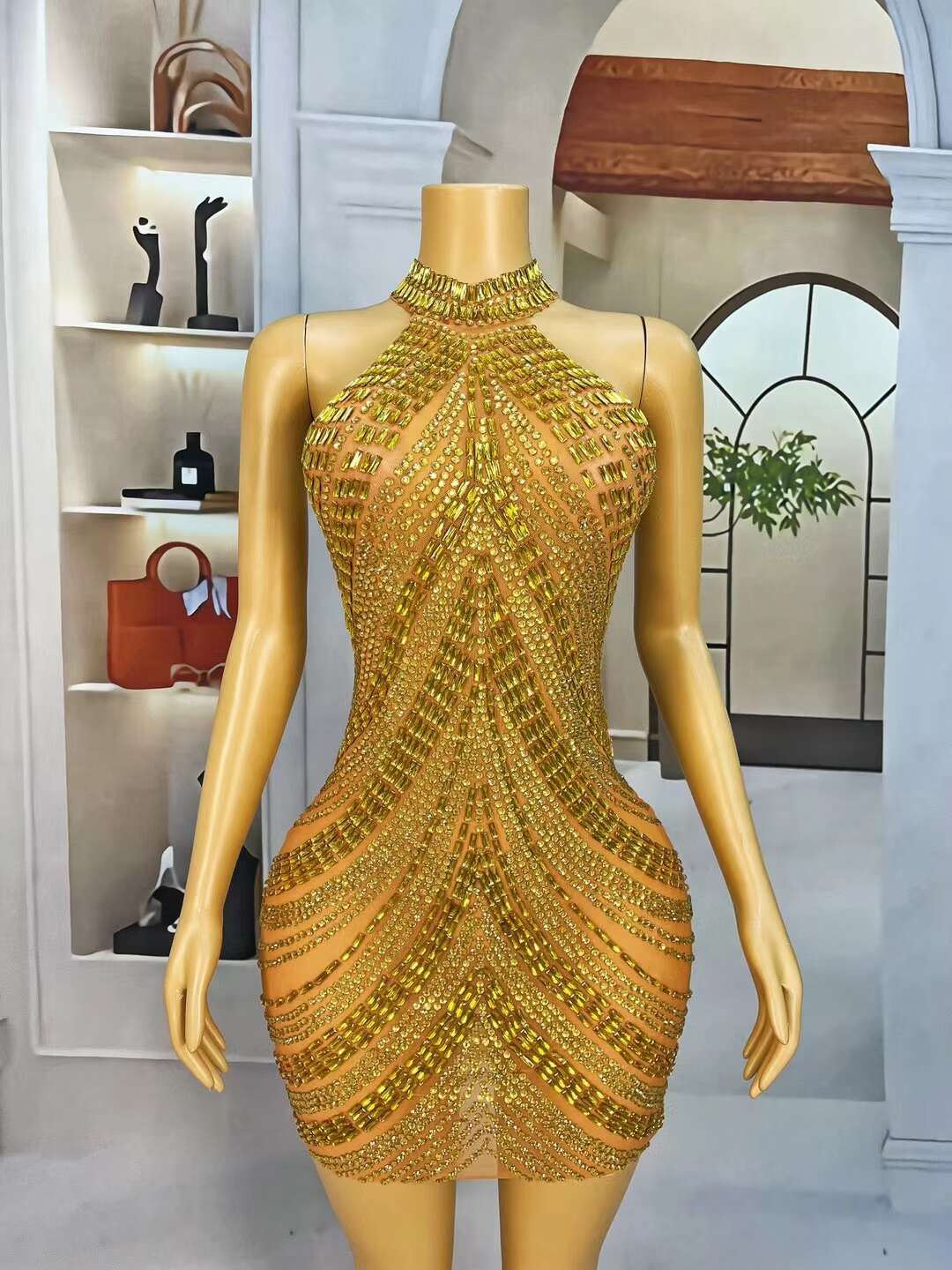 CELESINYI Sixian Crystal Orange Silk Mini Dress
