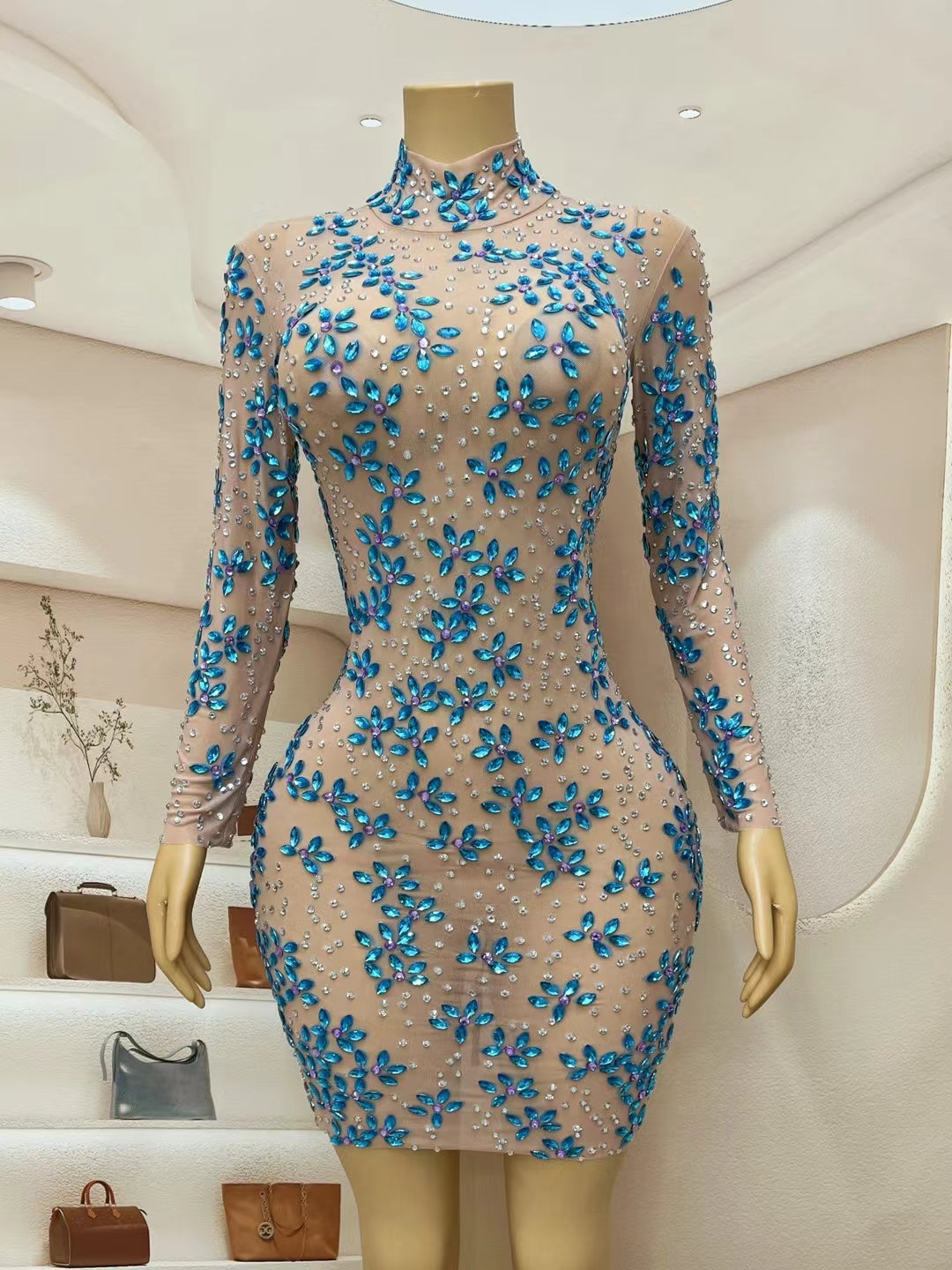 CELESINYI Shuijinghua Crystal Flower Mini Dress