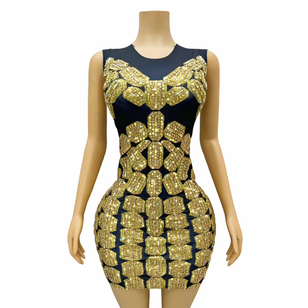 CELESINYI Jinpai Crystal Honeycomb Mini Dress