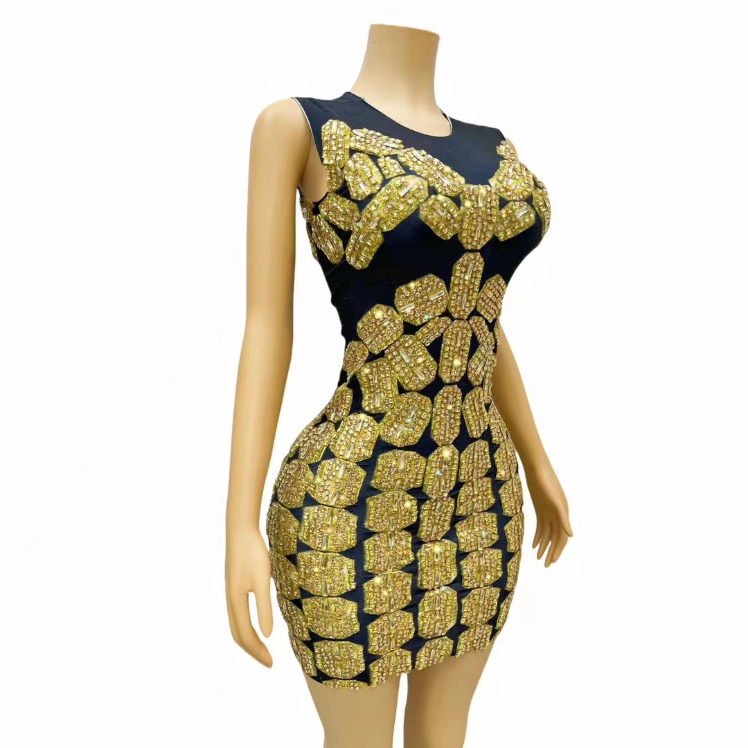CELESINYI Jinpai Crystal Honeycomb Mini Dress