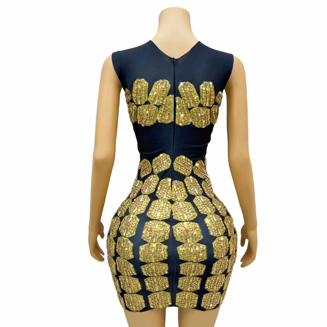 CELESINYI Jinpai Crystal Honeycomb Mini Dress