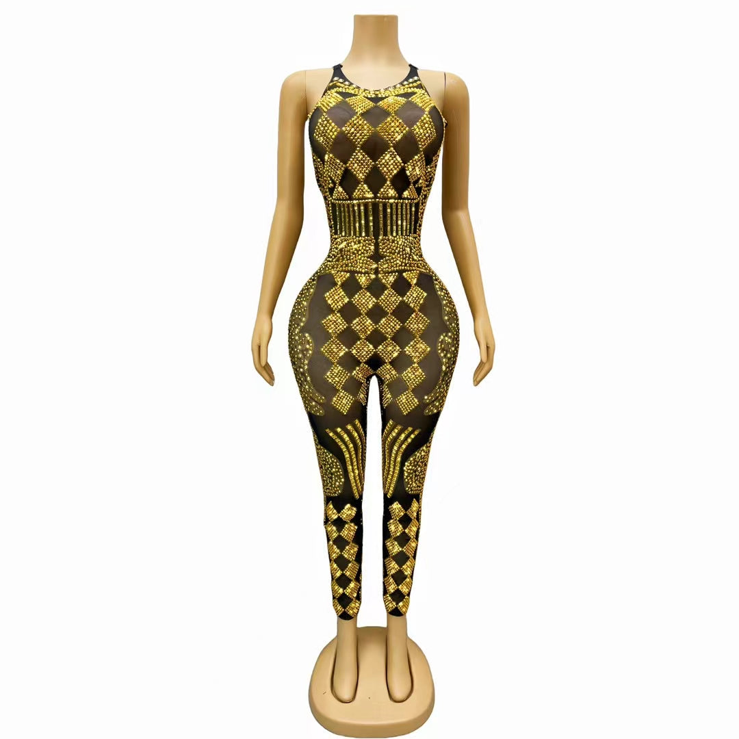 CELESINYI Puke Crystal Gold Card Bodysuit
