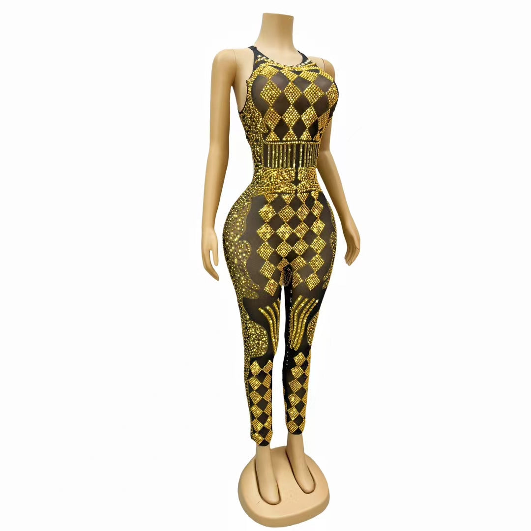CELESINYI Puke Crystal Gold Card Bodysuit