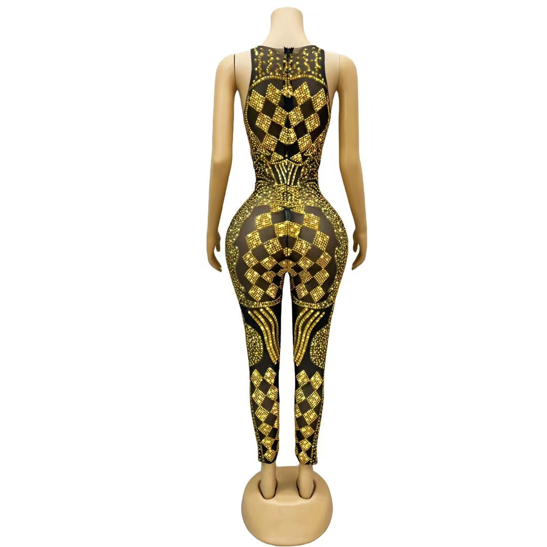 CELESINYI Puke Crystal Gold Card Bodysuit