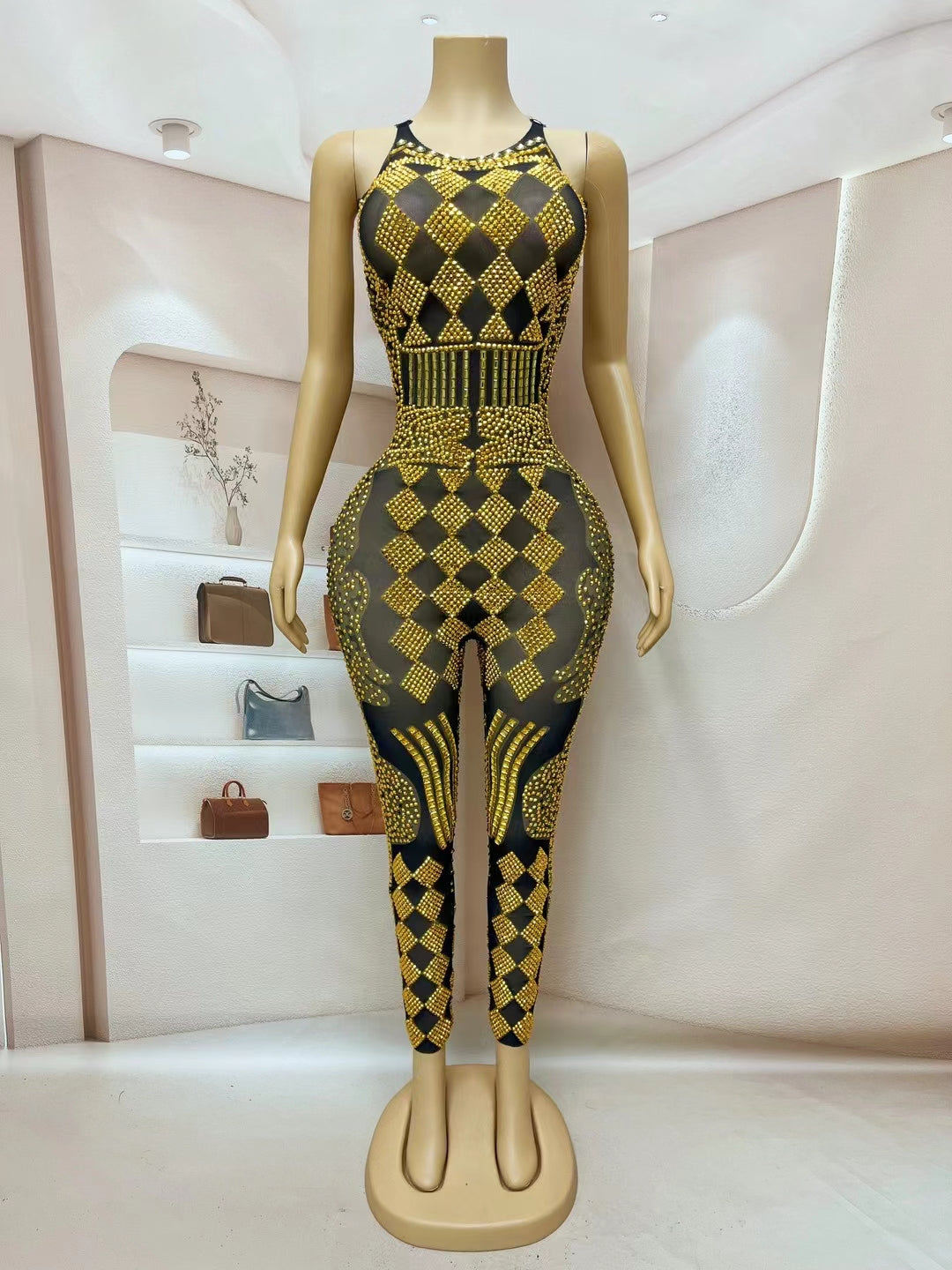 CELESINYI Puke Crystal Gold Card Bodysuit