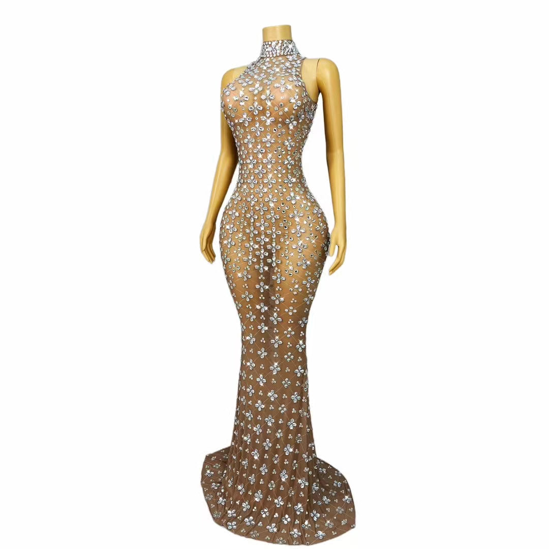 CELESINYI Wanhuakai Crystal Flower Grid Gown