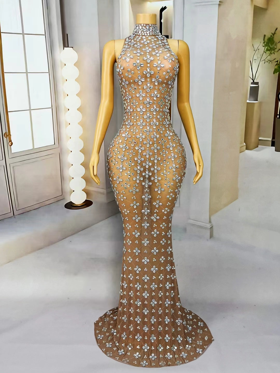 CELESINYI Wanhuakai Crystal Flower Grid Gown