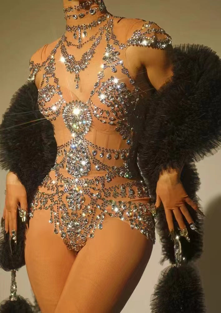 CELESINYI Wuniang Crystal Choker Bodysuit