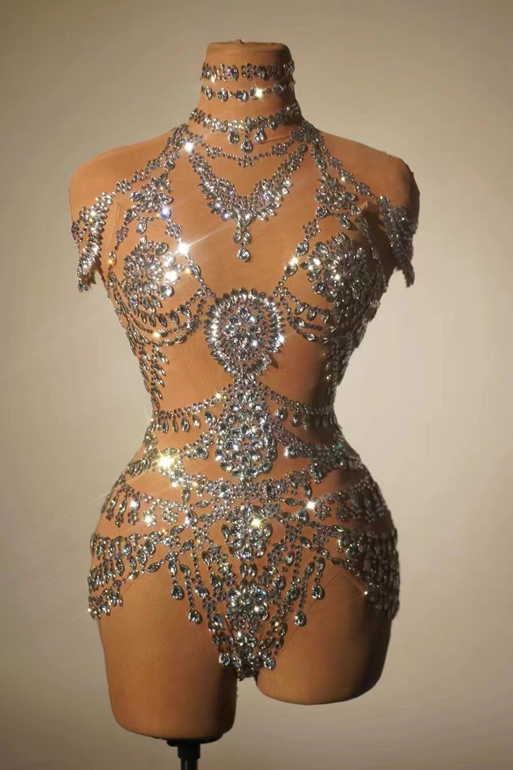 CELESINYI Wuniang Crystal Choker Bodysuit