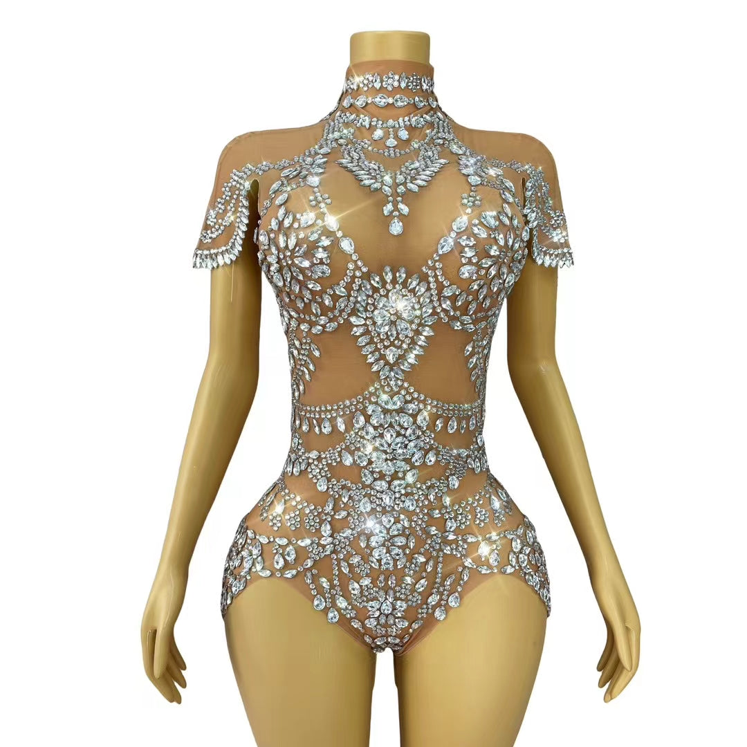 CELESINYI Wuniang Crystal Choker Bodysuit