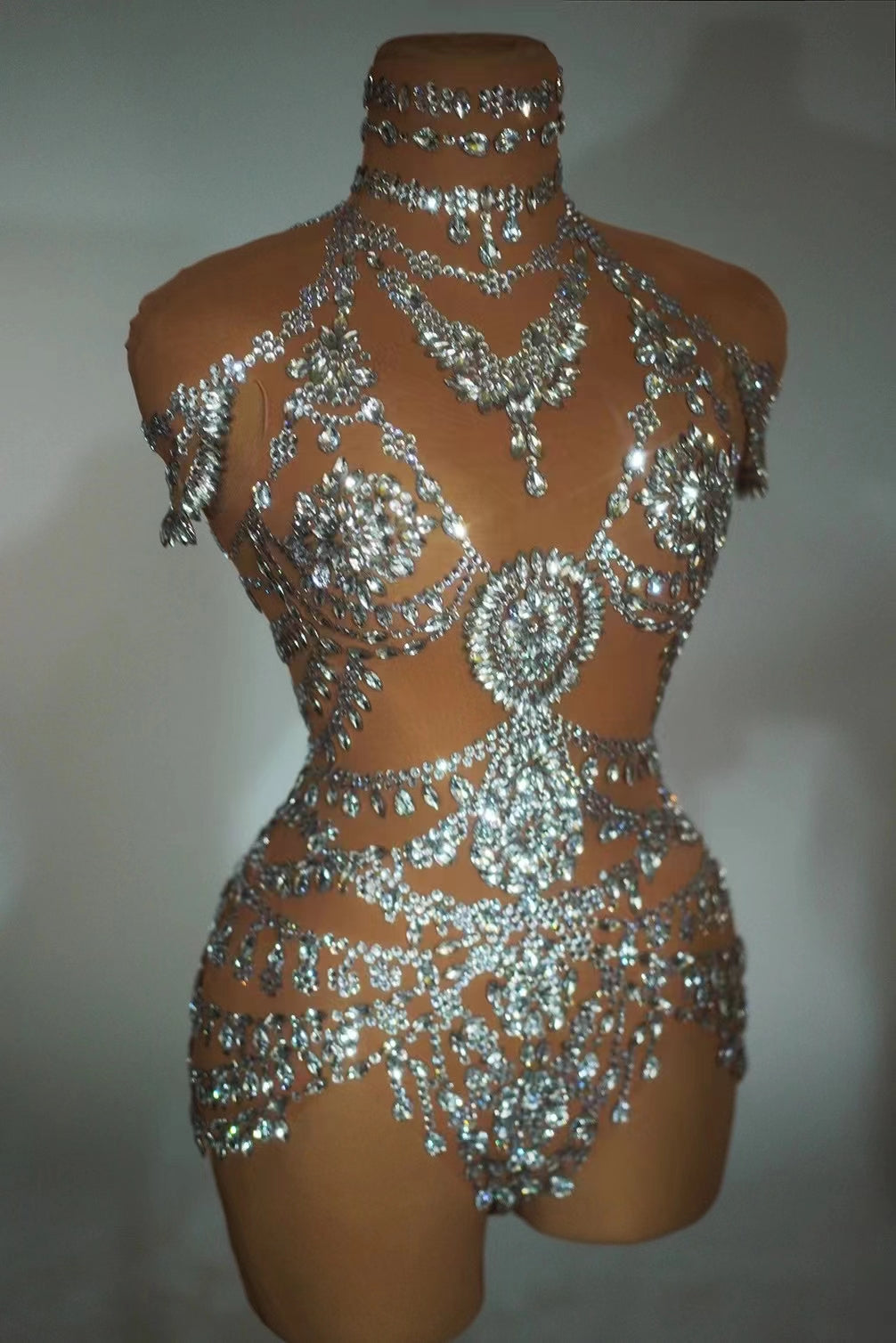 CELESINYI Wuniang Crystal Choker Bodysuit