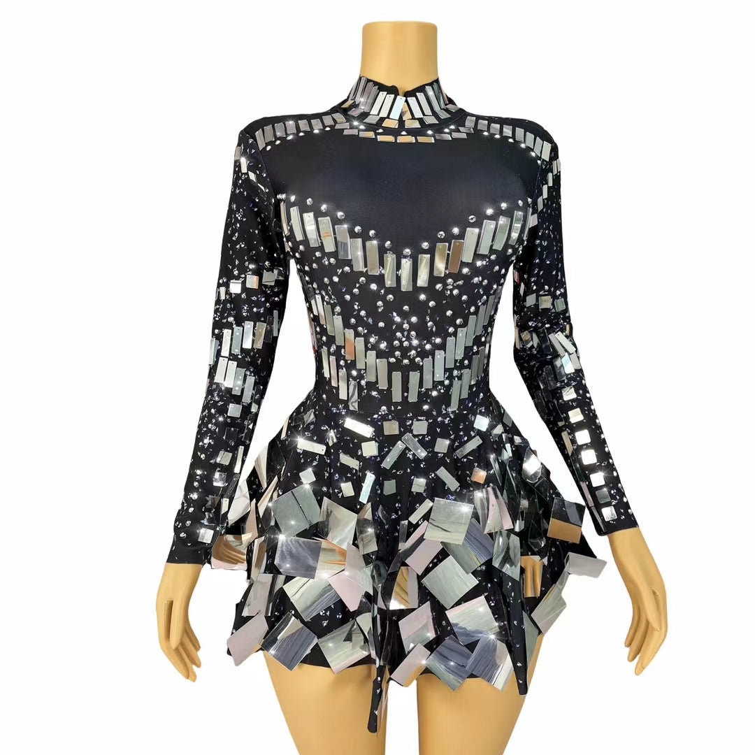 CELESINYI Liangpian Crystal Black Mirror Mini Dress
