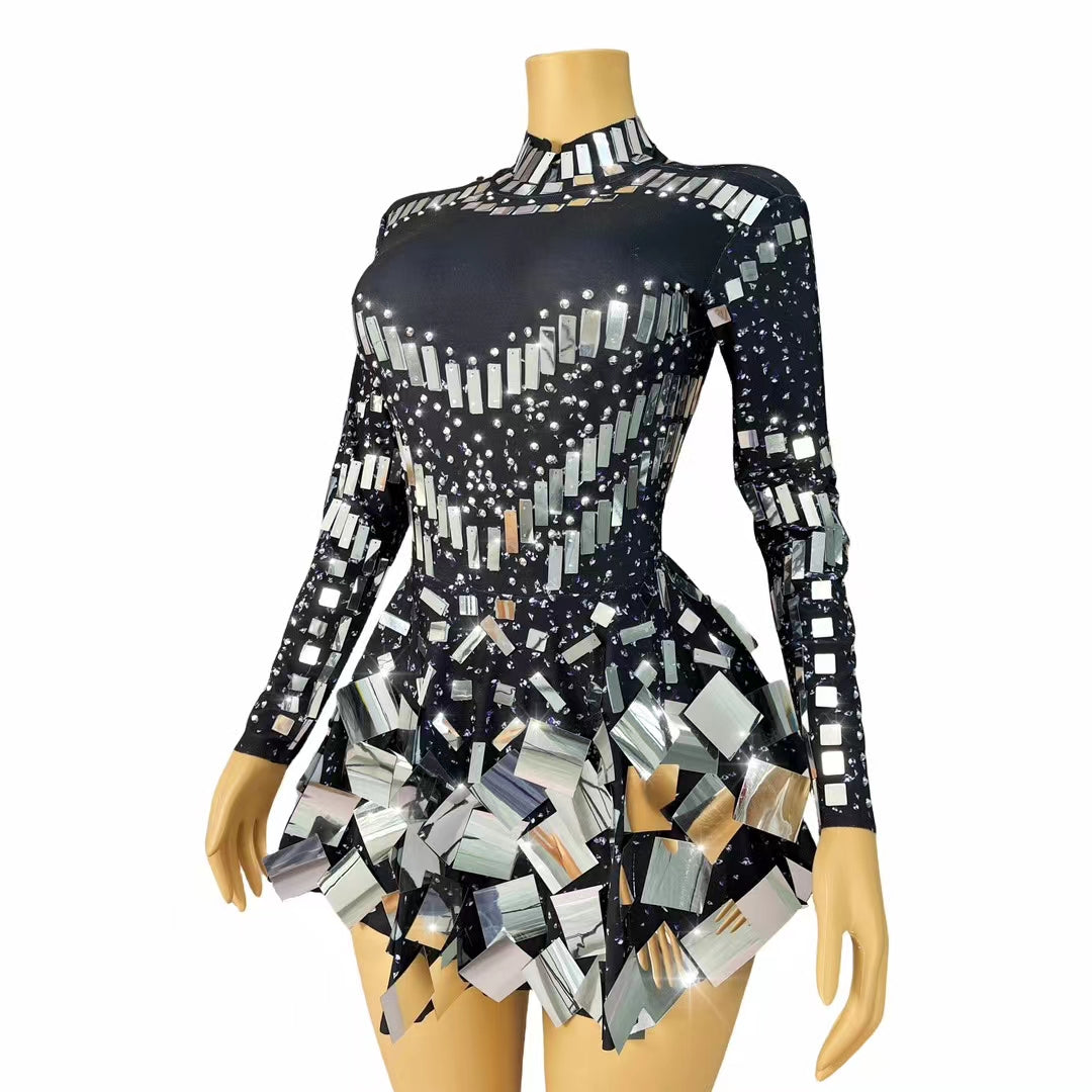 CELESINYI Liangpian Crystal Black Mirror Mini Dress
