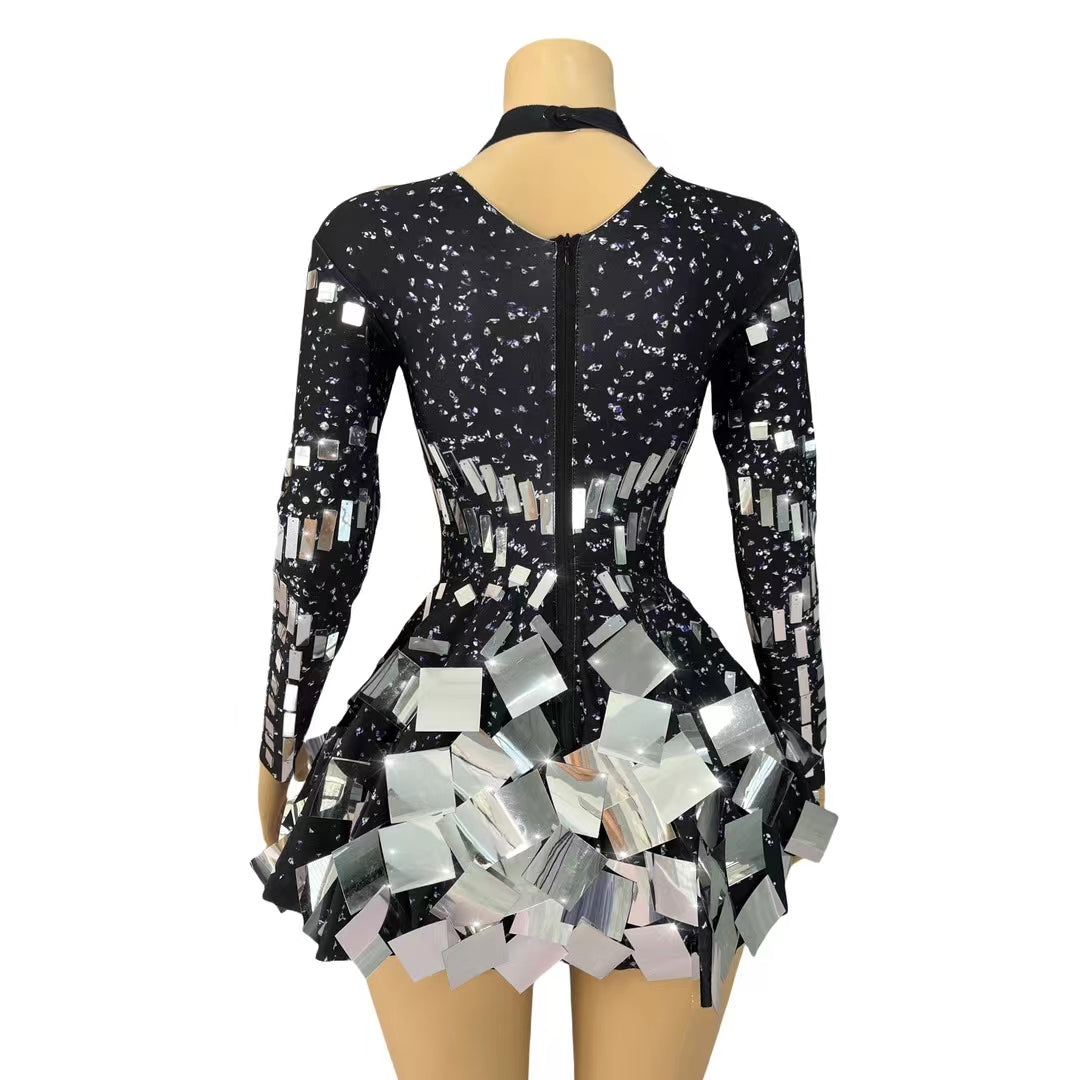 CELESINYI Liangpian Crystal Black Mirror Mini Dress