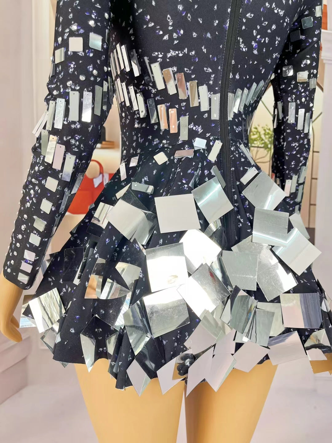 CELESINYI Liangpian Crystal Black Mirror Mini Dress