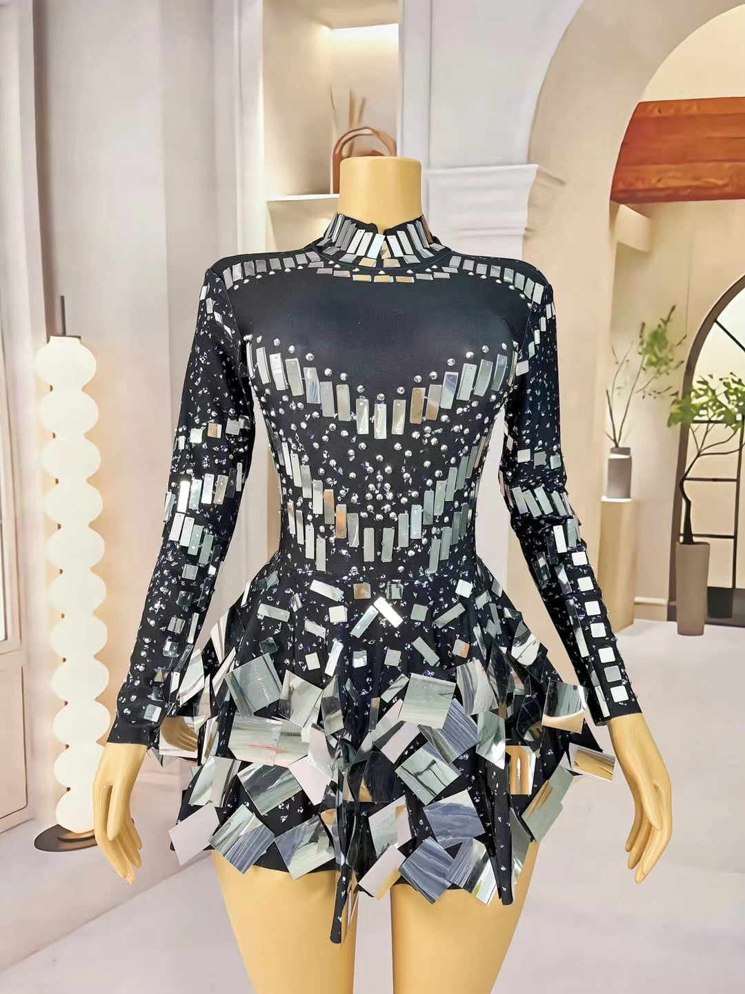 CELESINYI Liangpian Crystal Black Mirror Mini Dress