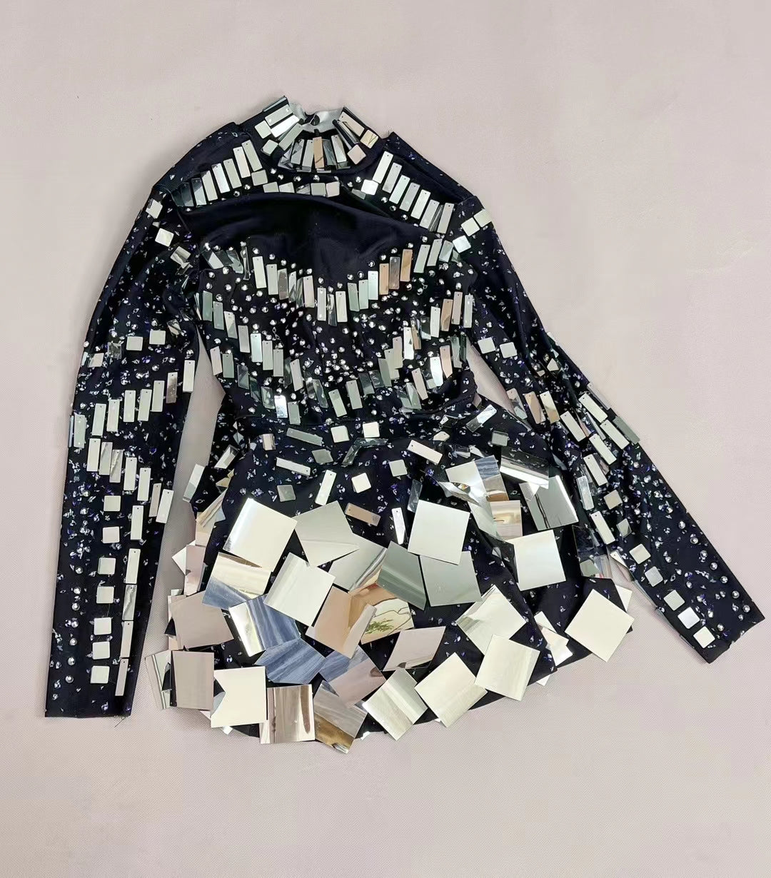 CELESINYI Liangpian Crystal Black Mirror Mini Dress