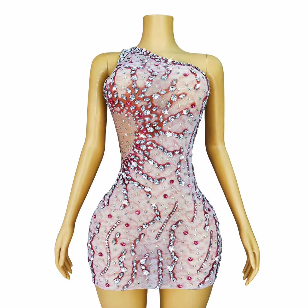 CELESINYI Lunhai Crystal One-Shoulder Mini Dress (Pink)