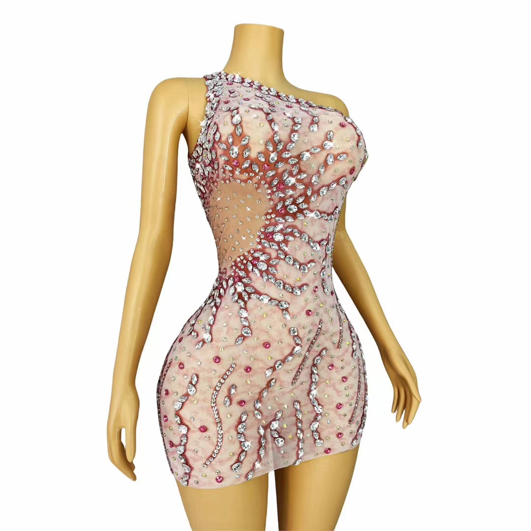 CELESINYI Lunhai Crystal One-Shoulder Mini Dress (Pink)
