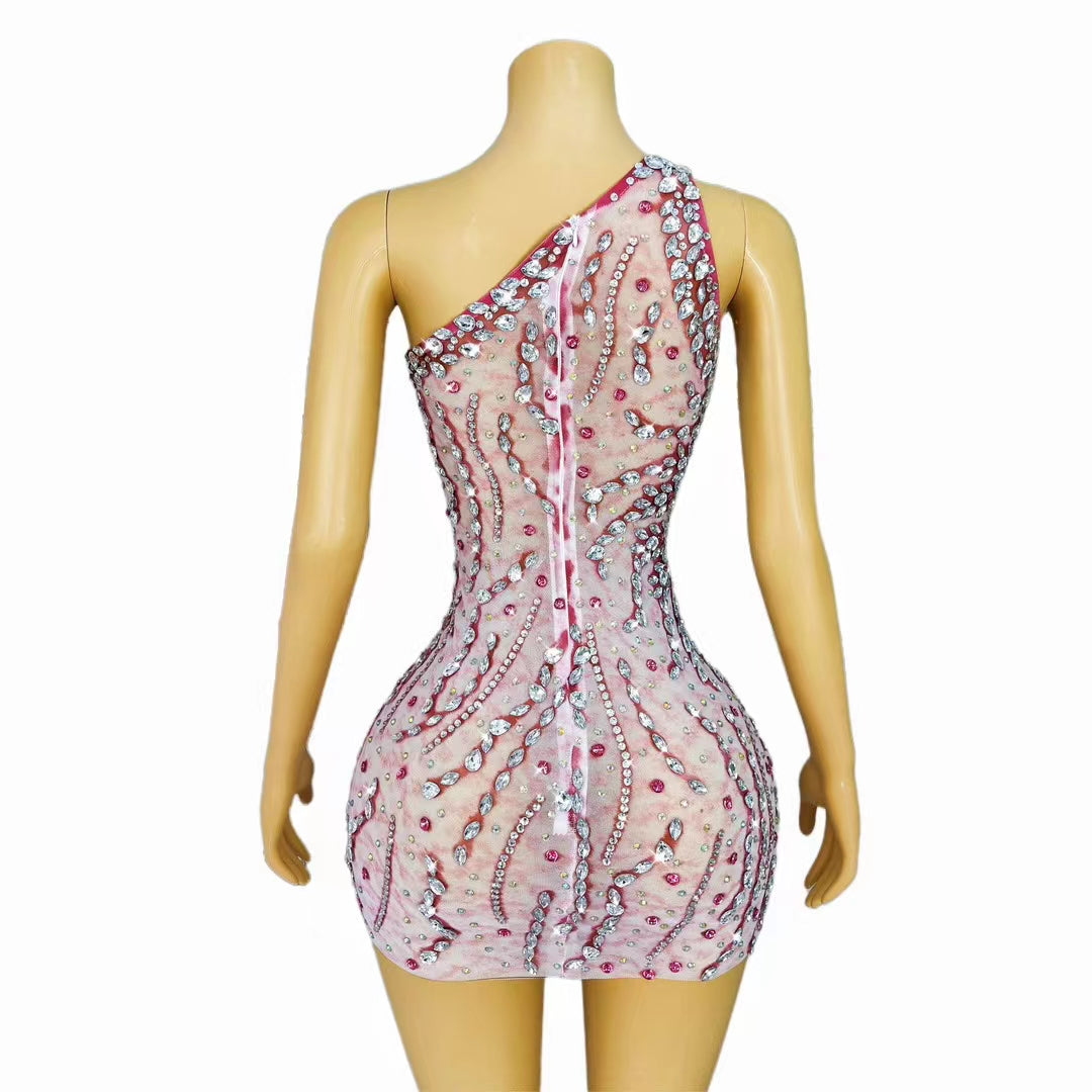 CELESINYI Lunhai Crystal One-Shoulder Mini Dress (Pink)