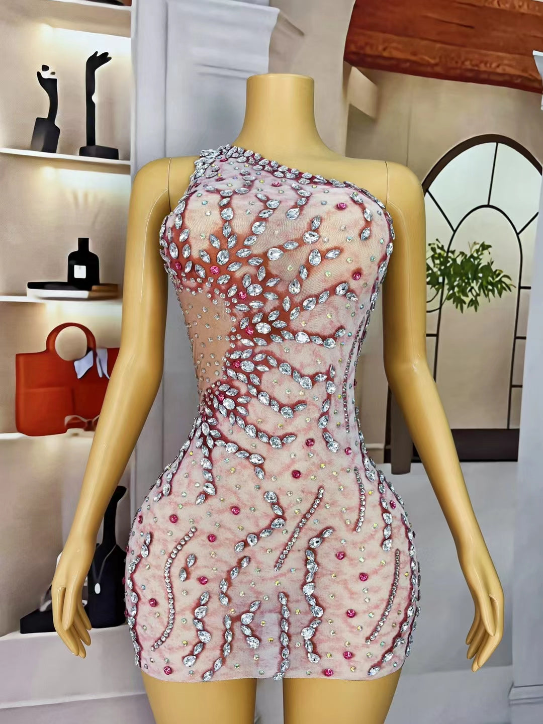 CELESINYI Lunhai Crystal One-Shoulder Mini Dress (Pink)