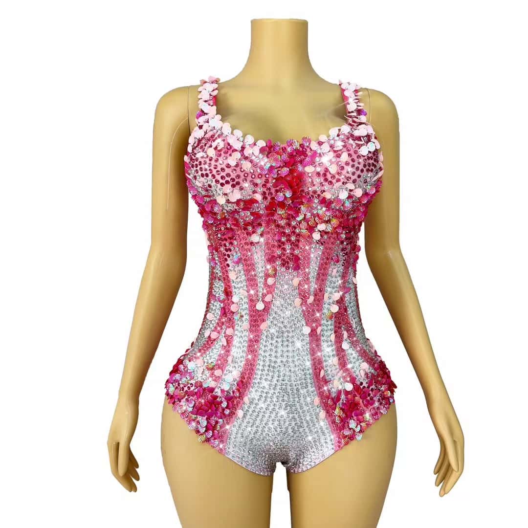 CELESINYI Lanmeimei Crystal Pink Scallop Bodysuit