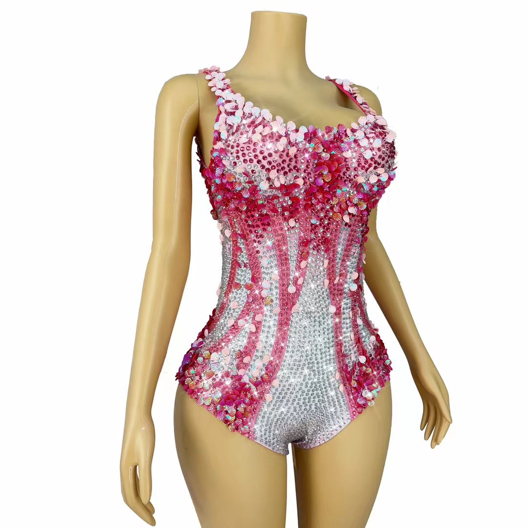 CELESINYI Lanmeimei Crystal Pink Scallop Bodysuit