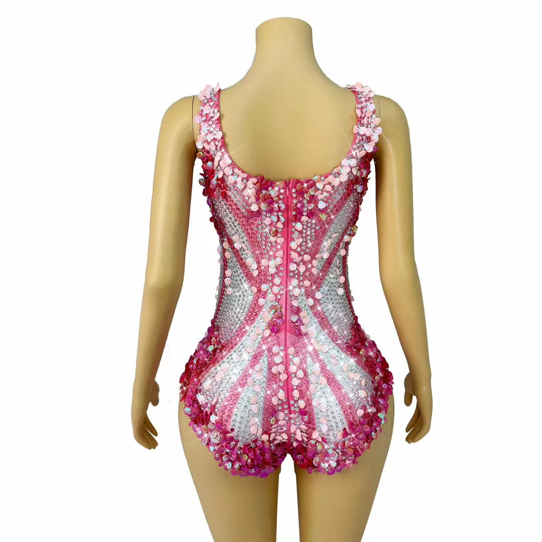 CELESINYI Lanmeimei Crystal Pink Scallop Bodysuit