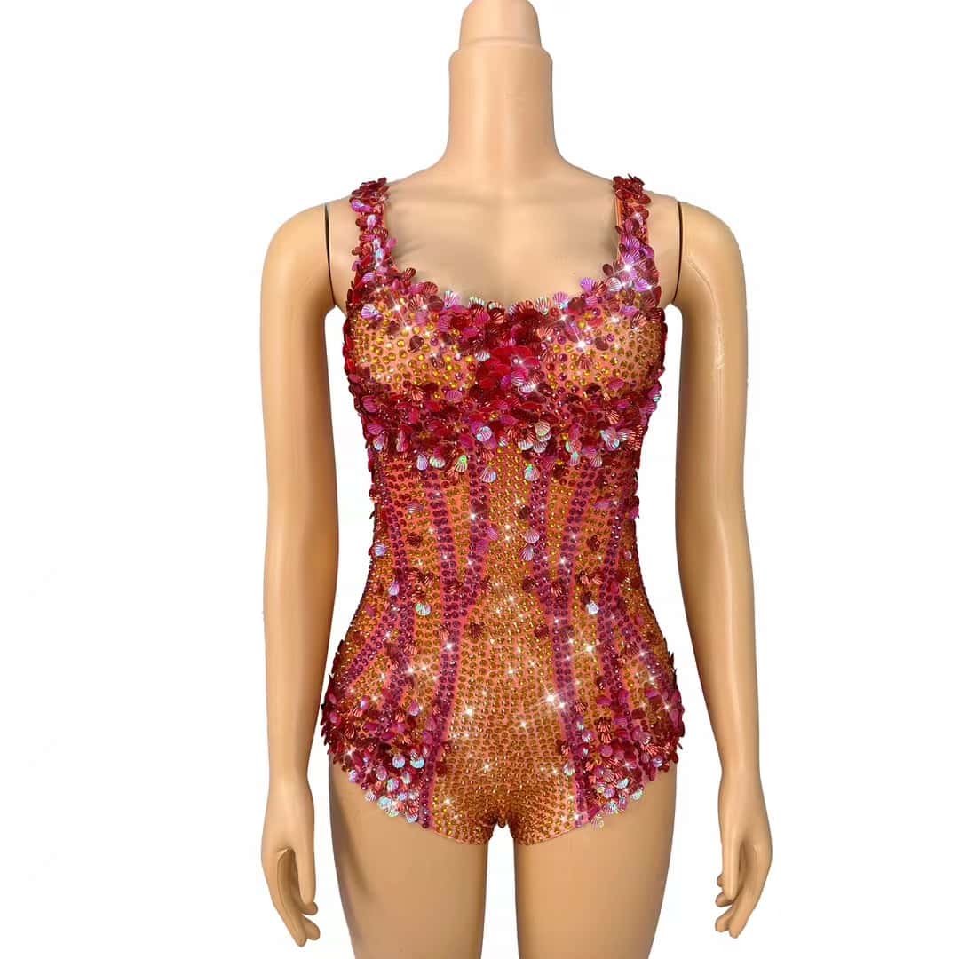 CELESINYI Lanmeimei Crystal Red Scallop Bodysuit
