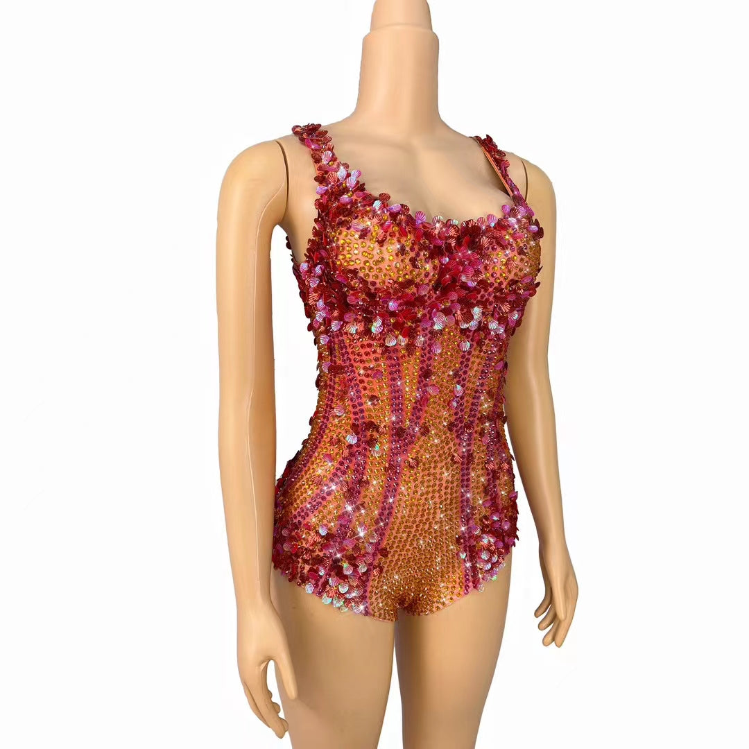 CELESINYI Lanmeimei Crystal Red Scallop Bodysuit