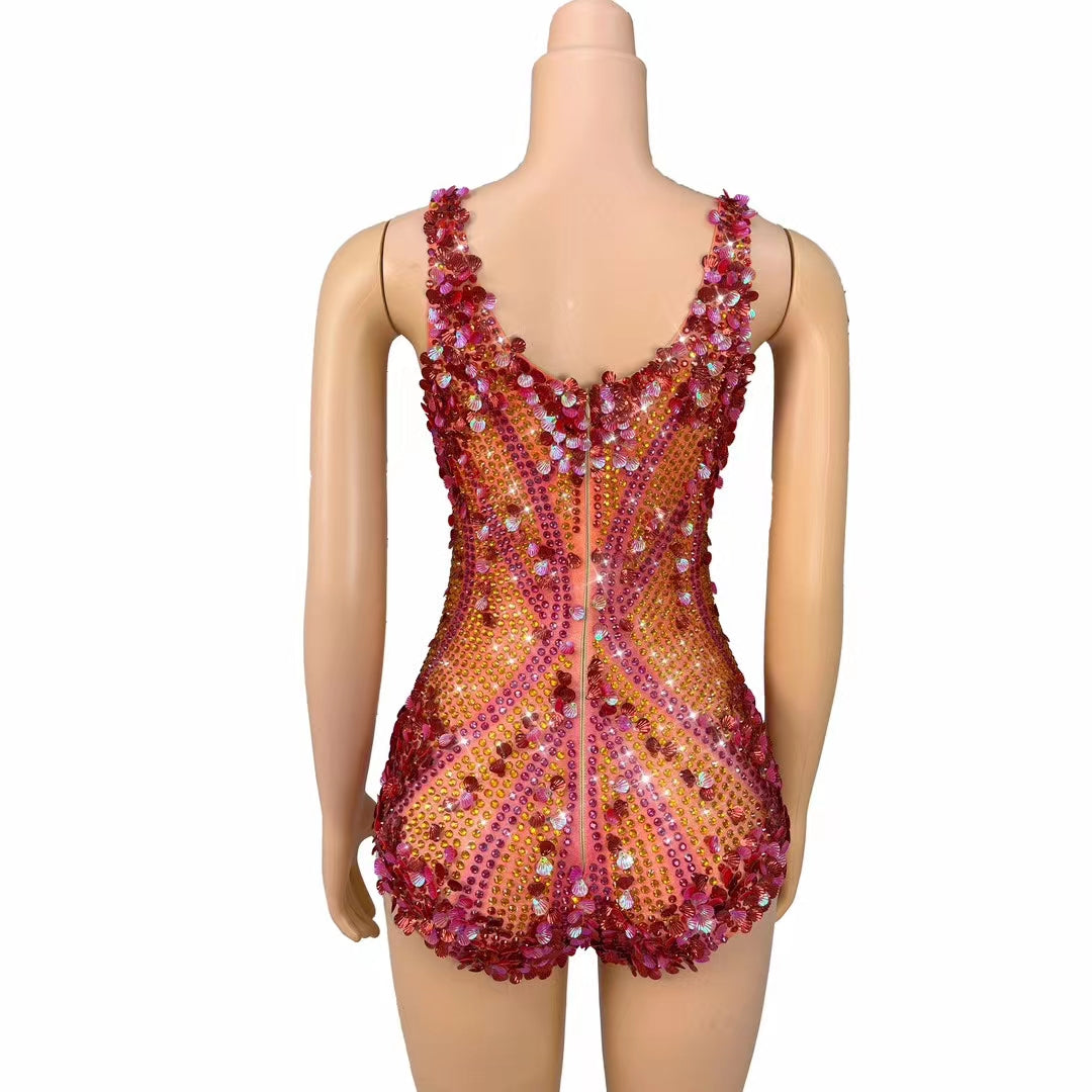 CELESINYI Lanmeimei Crystal Red Scallop Bodysuit