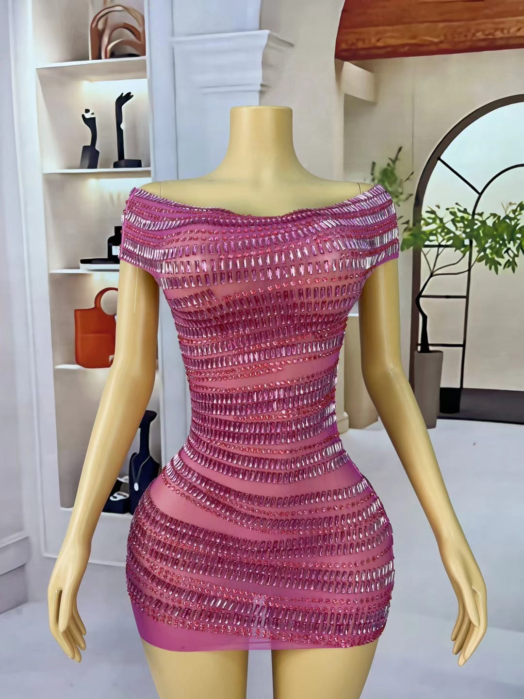 CELESINYI Gangsuo Crystal Rose Mini Dress