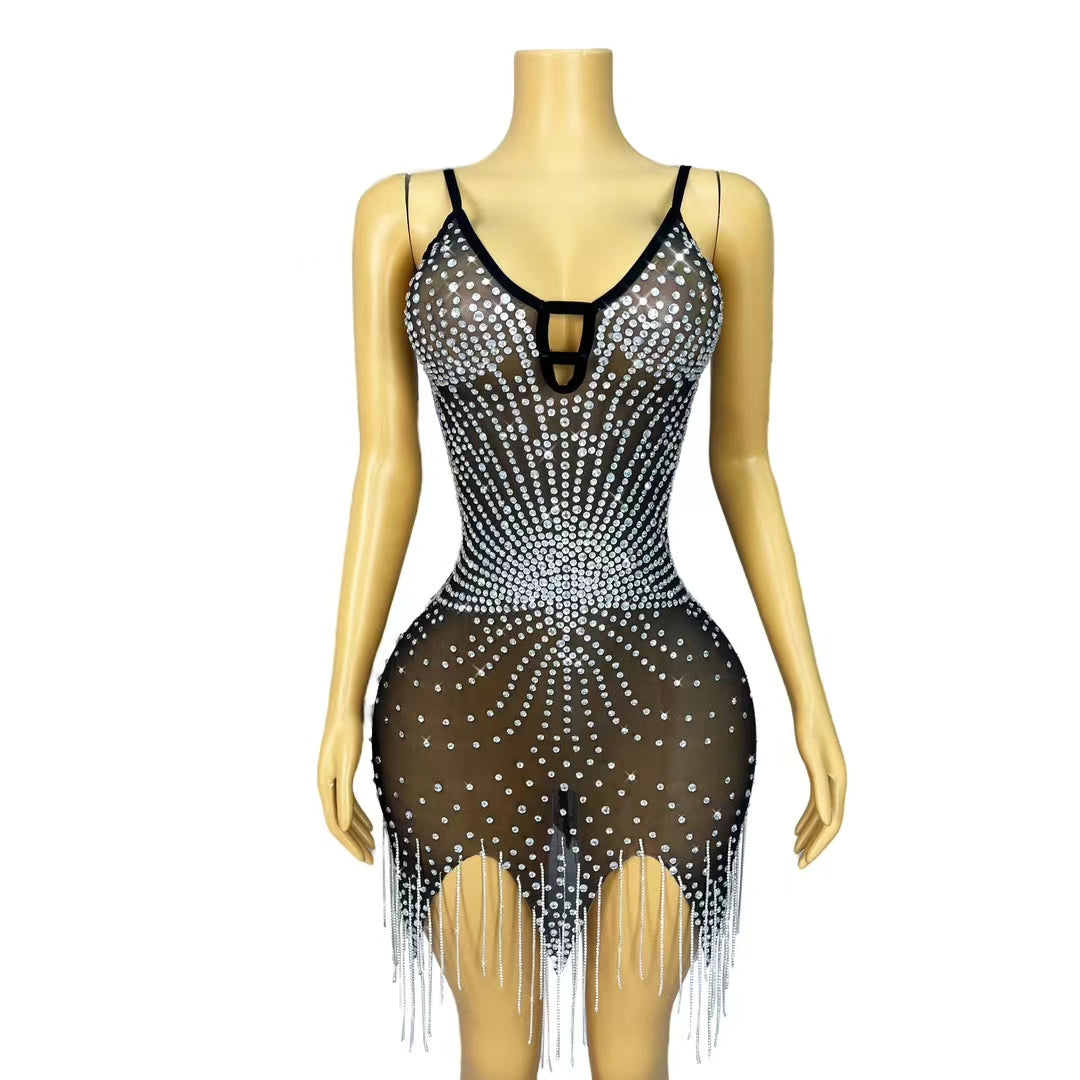 CELESINYI Tingyu Crystal Sunburst Fringe Mini Dress