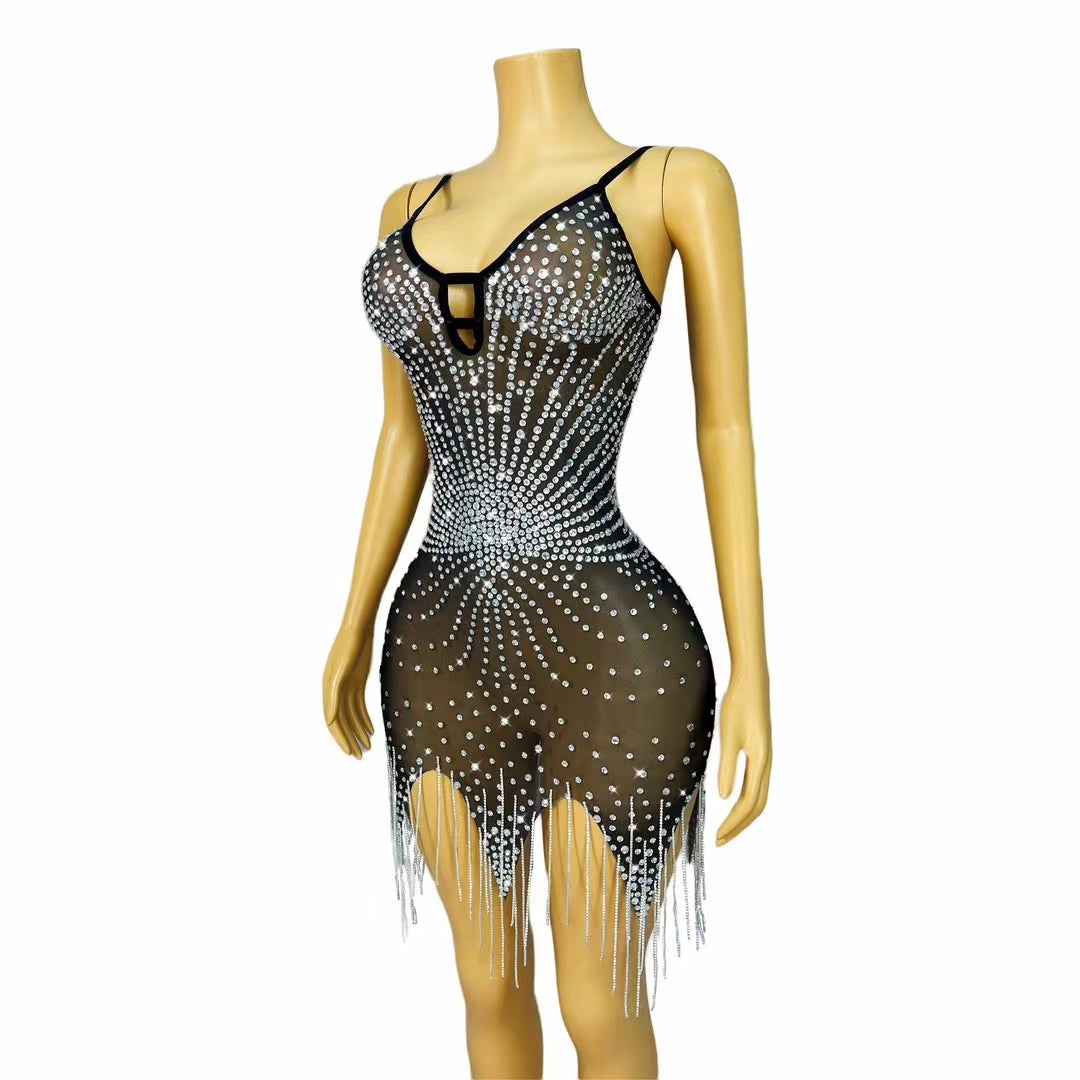 CELESINYI Tingyu Crystal Sunburst Fringe Mini Dress