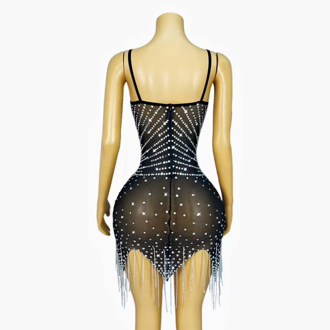 CELESINYI Tingyu Crystal Sunburst Fringe Mini Dress