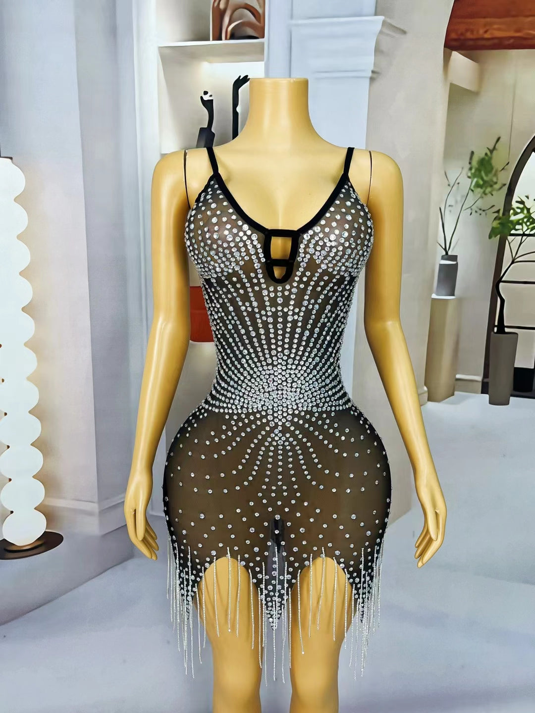 CELESINYI Tingyu Crystal Sunburst Fringe Mini Dress