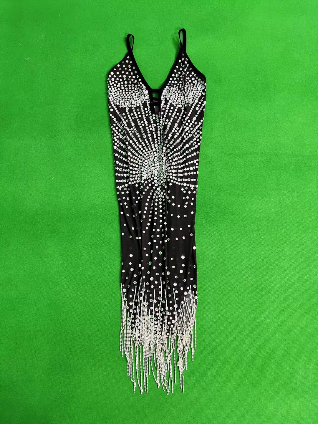 CELESINYI Tingyu Crystal Sunburst Fringe Mini Dress