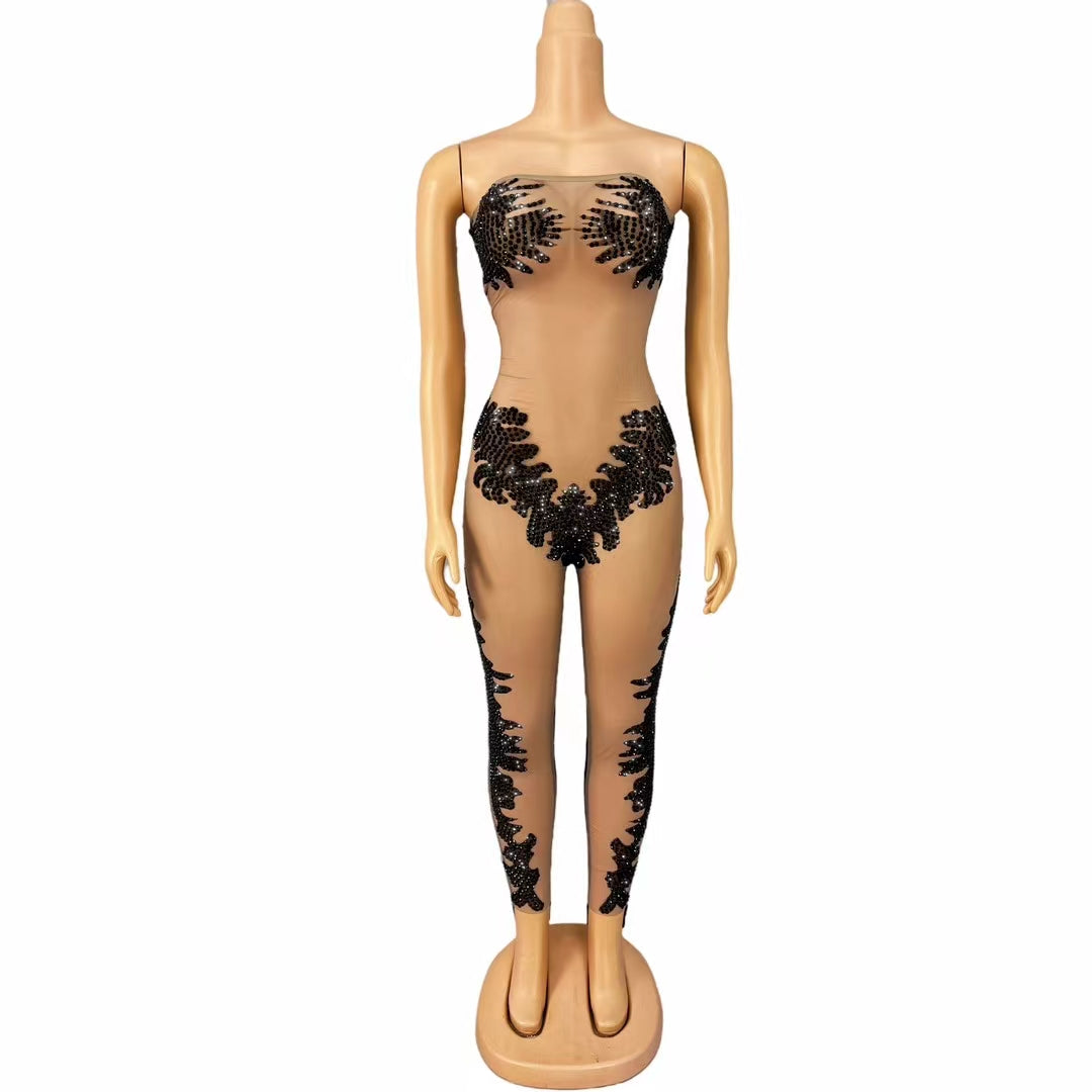 CELESINYI Heixionghua Crystal Black Beaded Catsuit