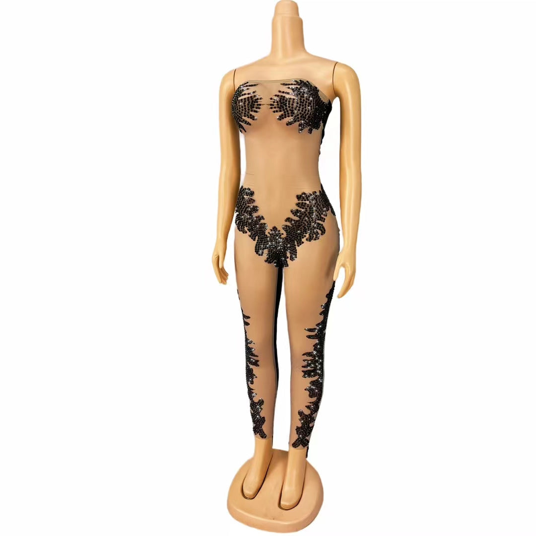 CELESINYI Heixionghua Crystal Black Beaded Catsuit