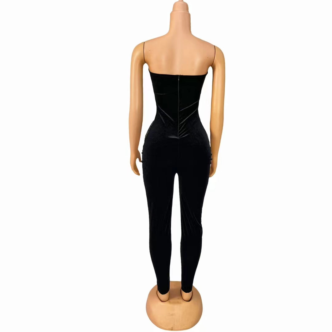 CELESINYI Heixionghua Crystal Black Beaded Catsuit
