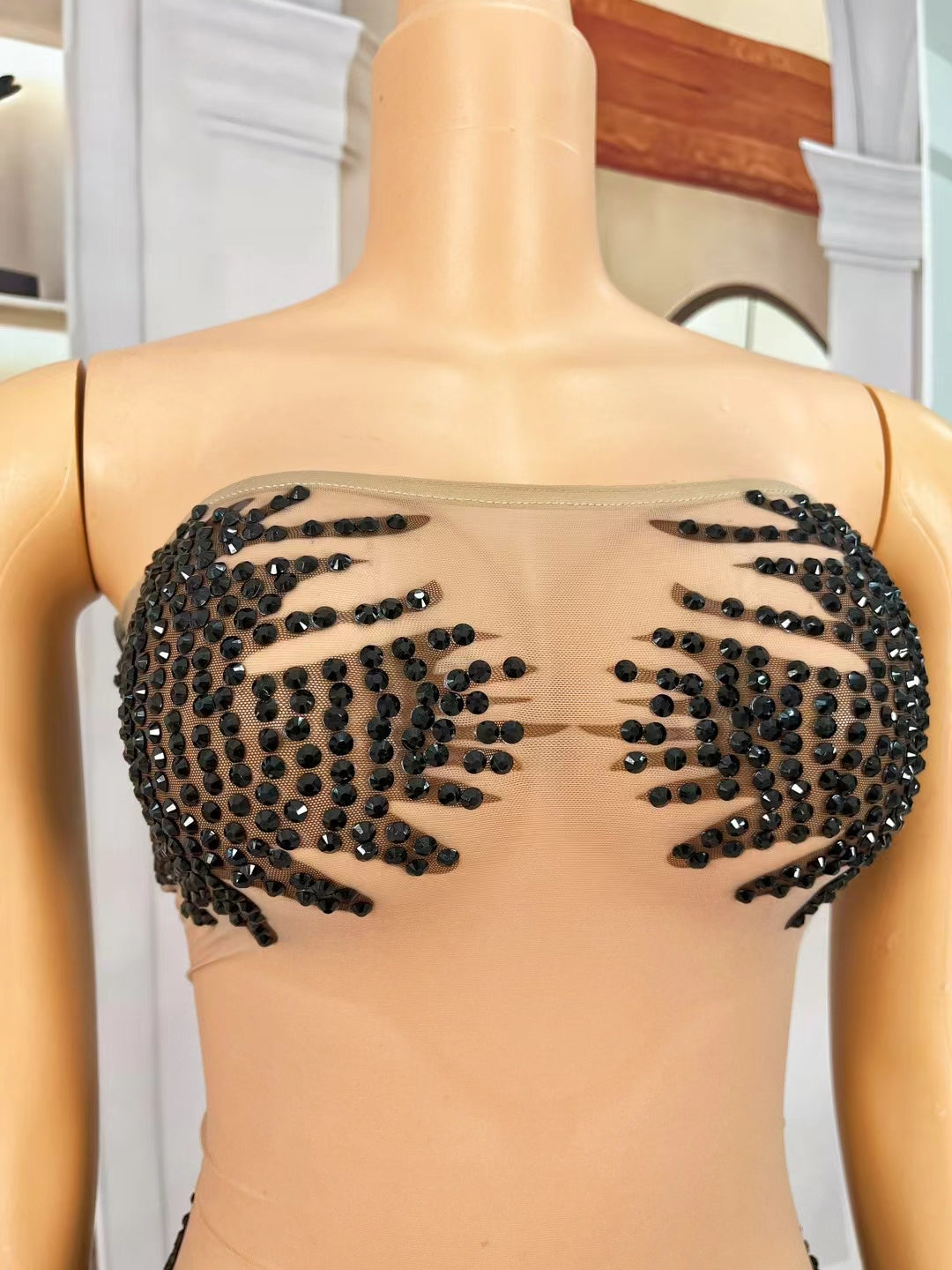 CELESINYI Heixionghua Crystal Black Beaded Catsuit