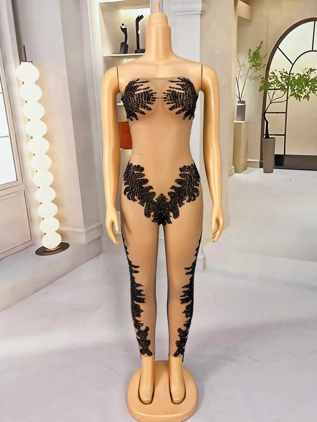 CELESINYI Heixionghua Crystal Black Beaded Catsuit