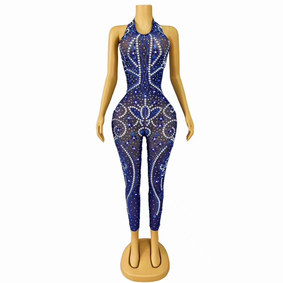 CELESINYI Hualianye Crystal Royal Blue Catsuit