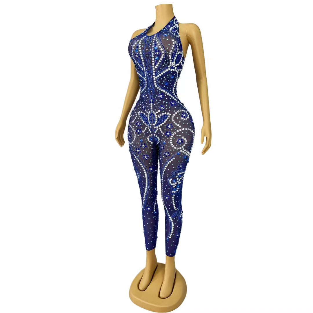 CELESINYI Hualianye Crystal Royal Blue Catsuit