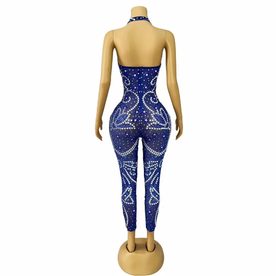 CELESINYI Hualianye Crystal Royal Blue Catsuit