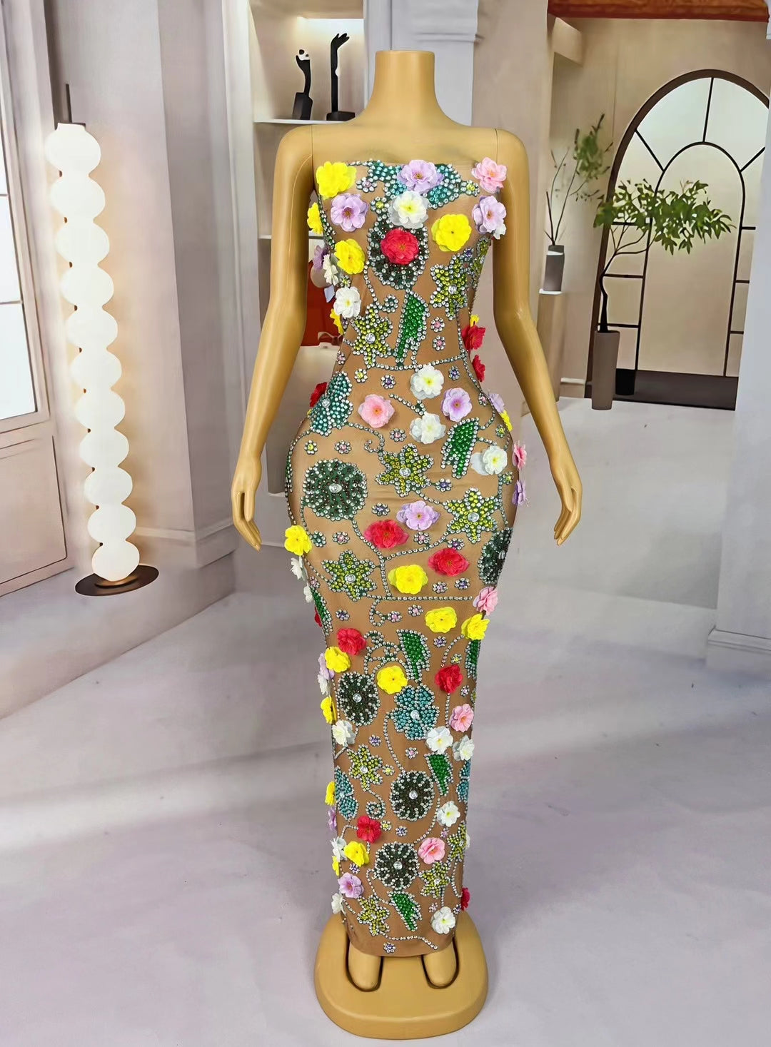 CELESINYI Huaqiangu Crystal 3D Flower Mermaid Gown